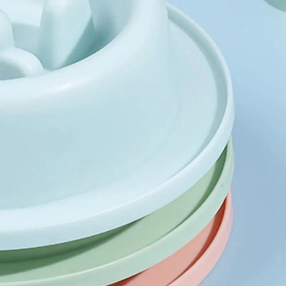 PP plastic pet slow feeder bowl in blue, green, or pink with maze design and non-slip base
