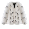Black and white artificial fur women's coat with a slim fit, short length, and regular sleeves.