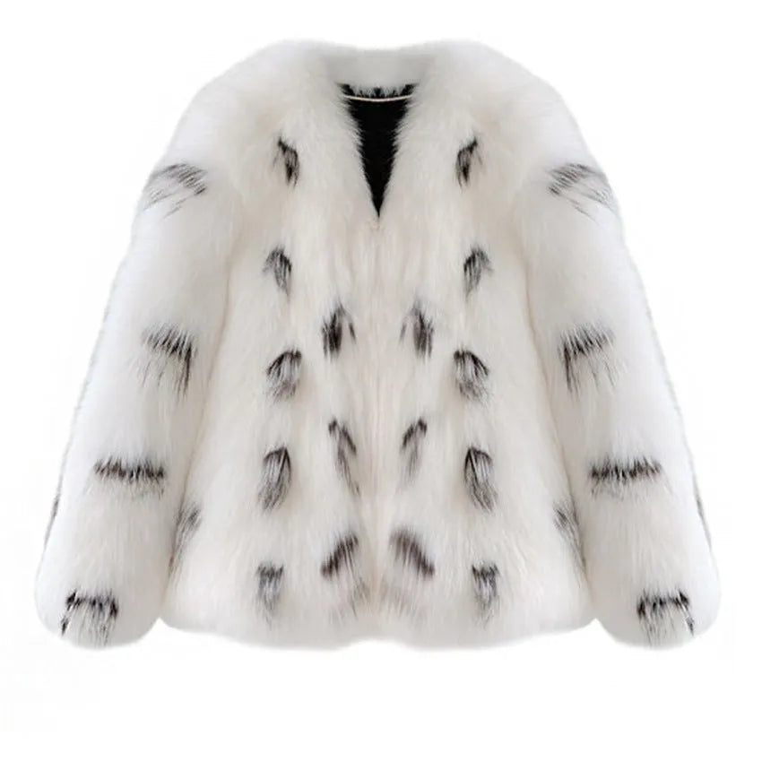 Black and white artificial fur women's coat with a slim fit, short length, and regular sleeves.