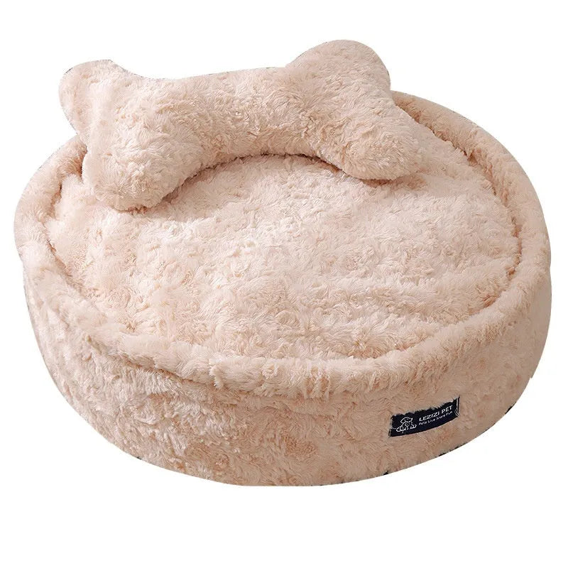 Removable washable pet bed in milk tea colour round nest design showing soft cloth construction