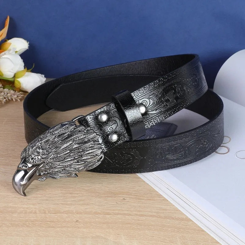 Men's brown imitation leather belt with a detailed silver alloy cow head buckle and pin fastener.