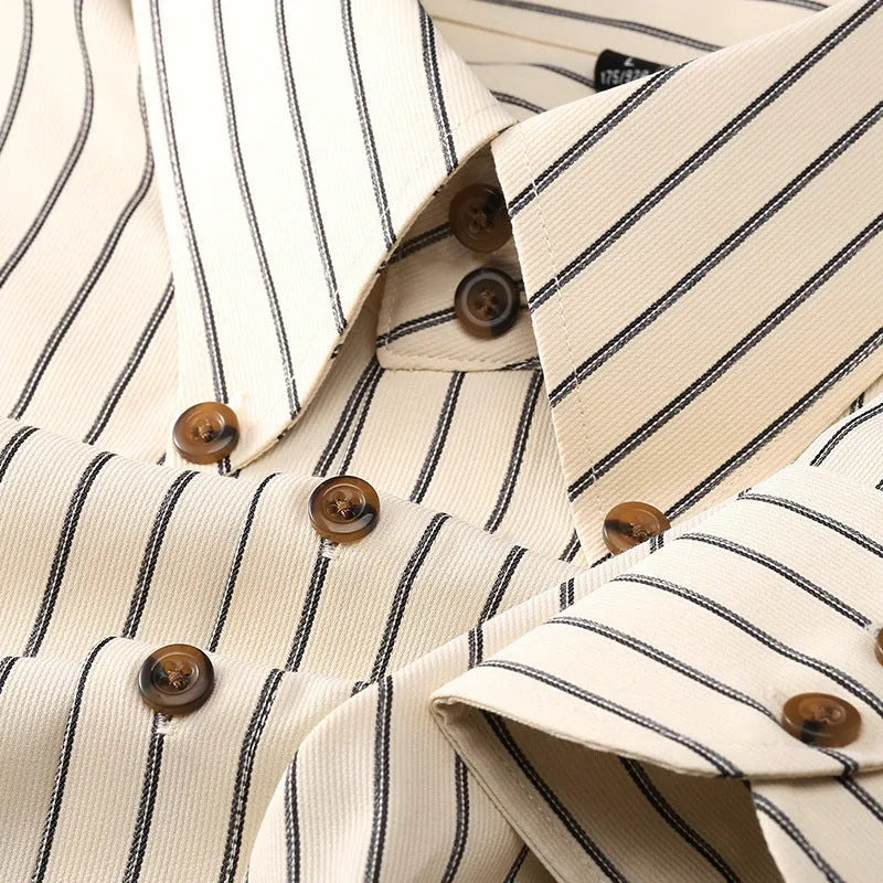 Men's non-ironing striped long-sleeved shirt with wool lining in coffee colour on hanger