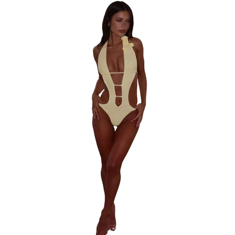 Women's sexy hollow deep V halter lace-up jumpsuit with beaded flowers in yellow, black, white, thin polyester fabric