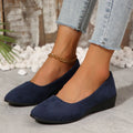 Women's suede shallow mouth wedge pumps with pointed toe and low rubber heel in multiple colours