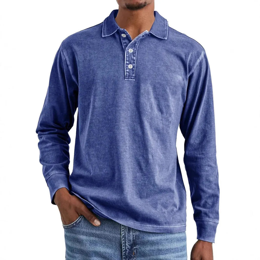 Man wearing a retro washed army green long sleeve polo shirt with a distressed lapel.