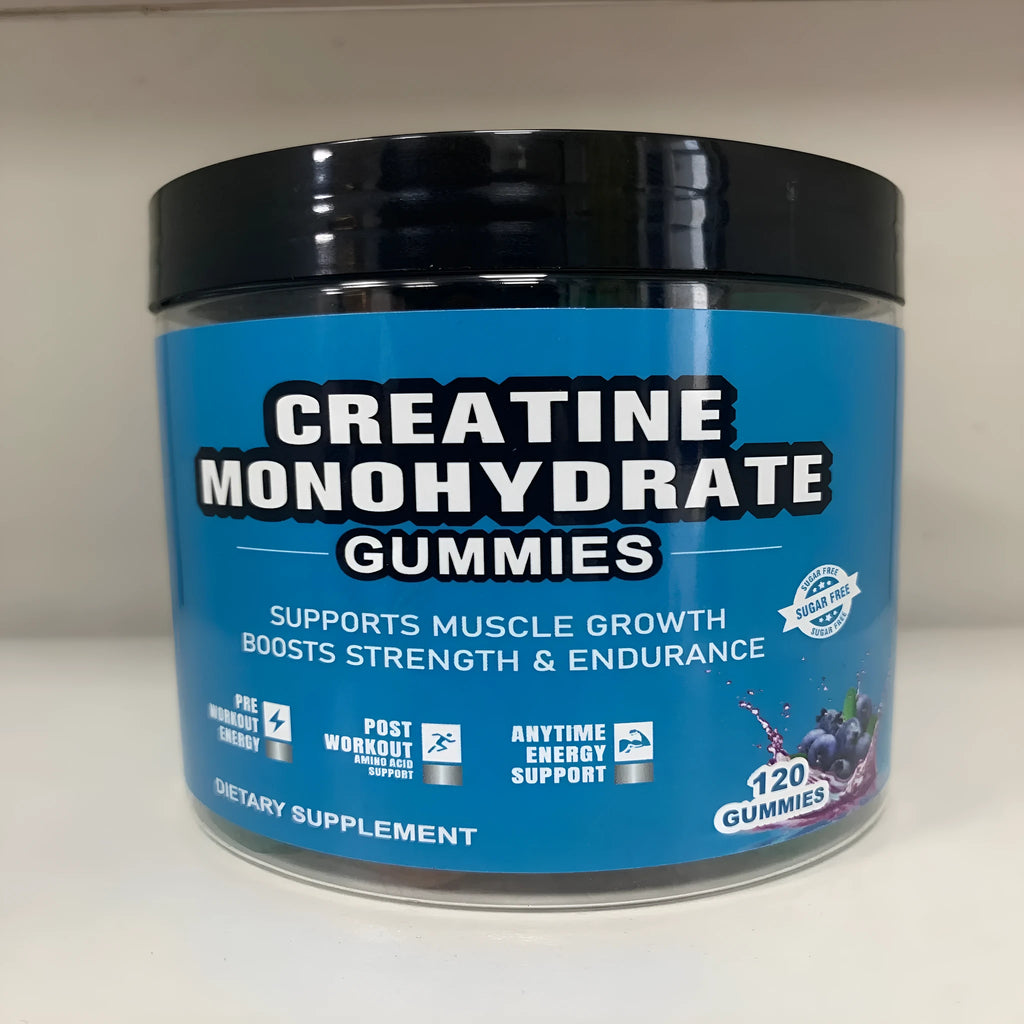 Bottle of raspberry flavoured creatine monohydrate gummy supplements containing 120 pills