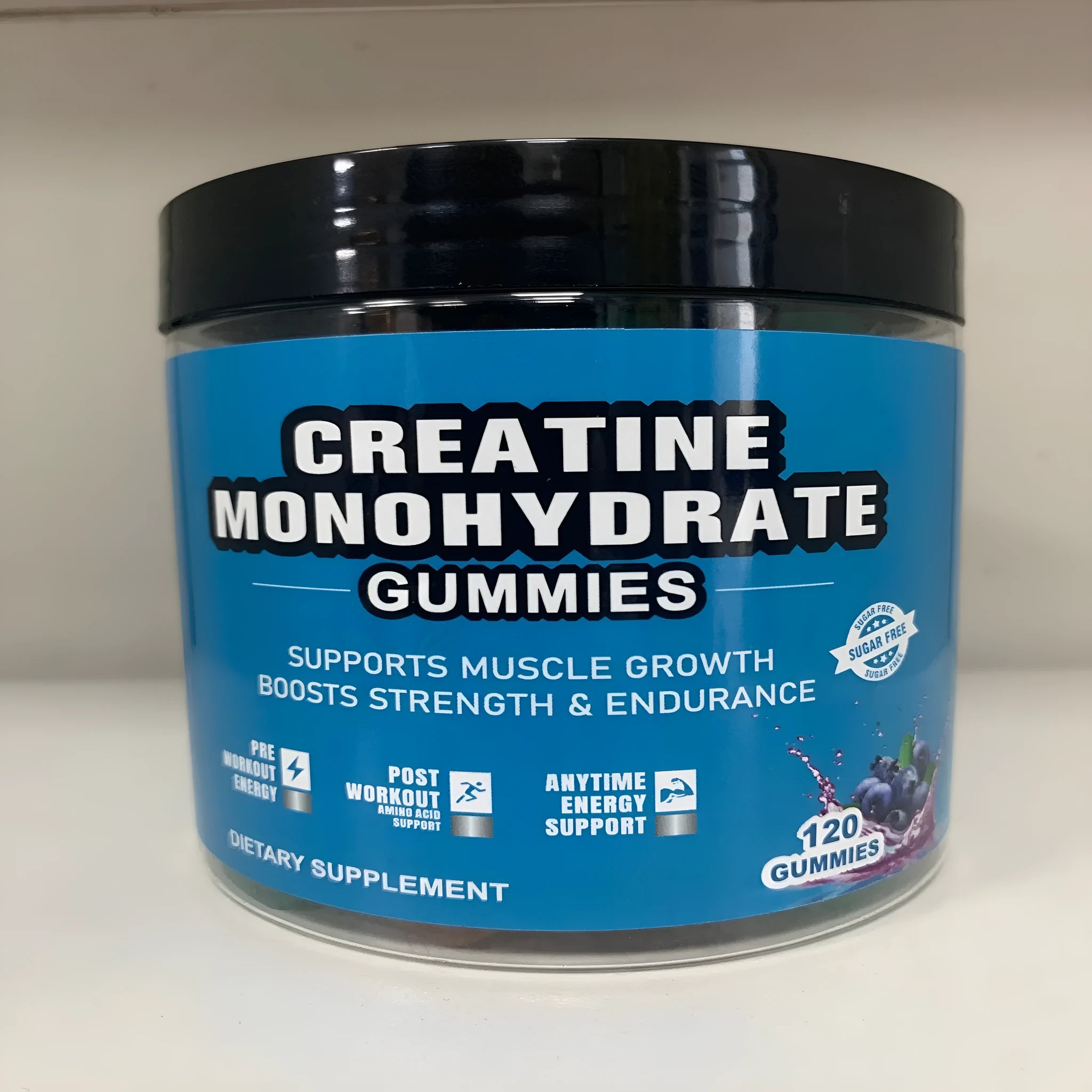 Bottle of raspberry flavoured creatine monohydrate gummy supplements containing 120 pills