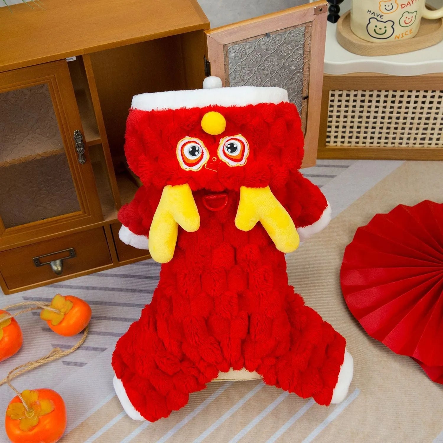 Red cartoon dragon fluffy jacket for small pets with double-sided velvet polyester construction