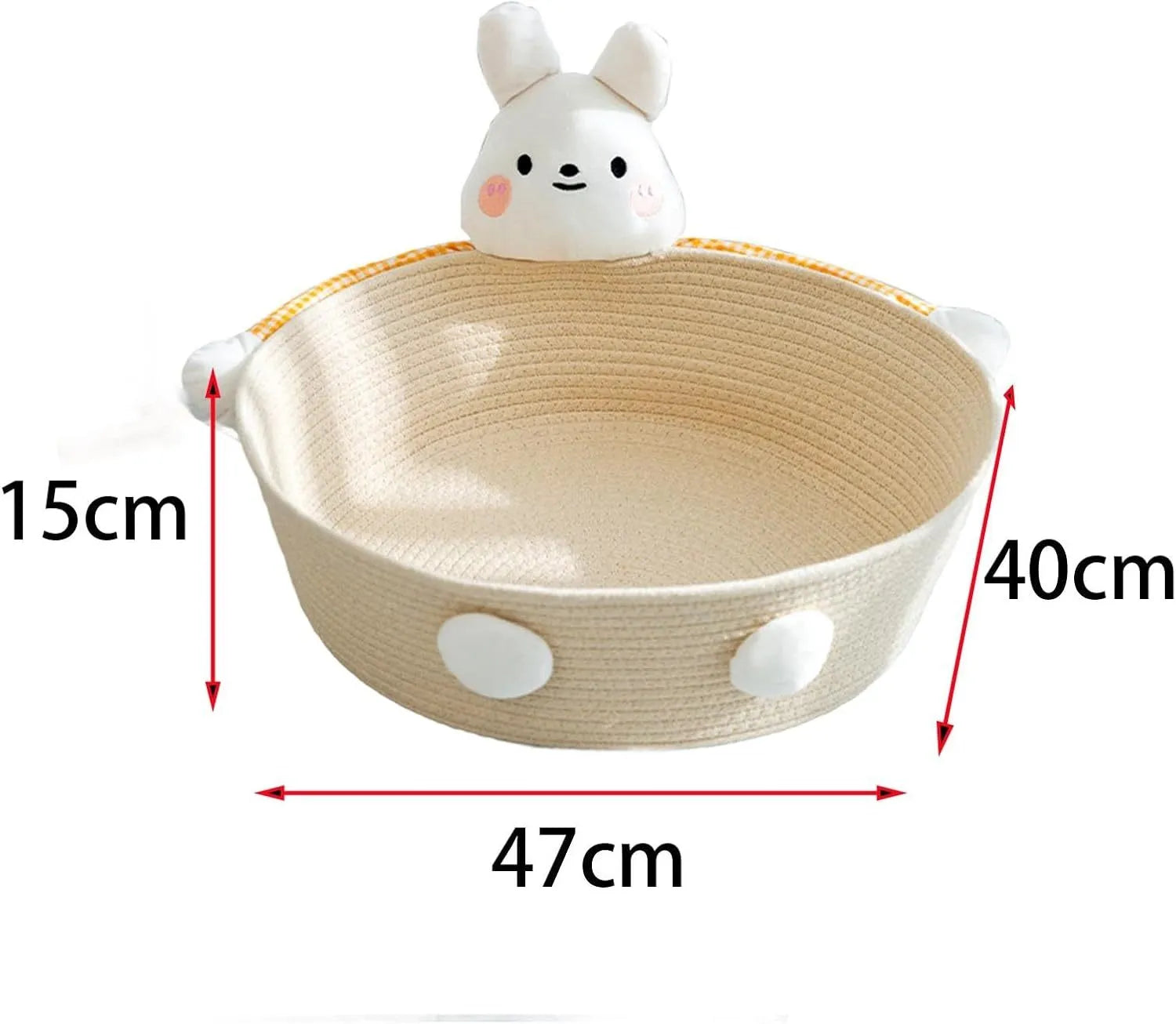 Woven cotton rope cat bed basket with scratching pad, featuring a bear design.