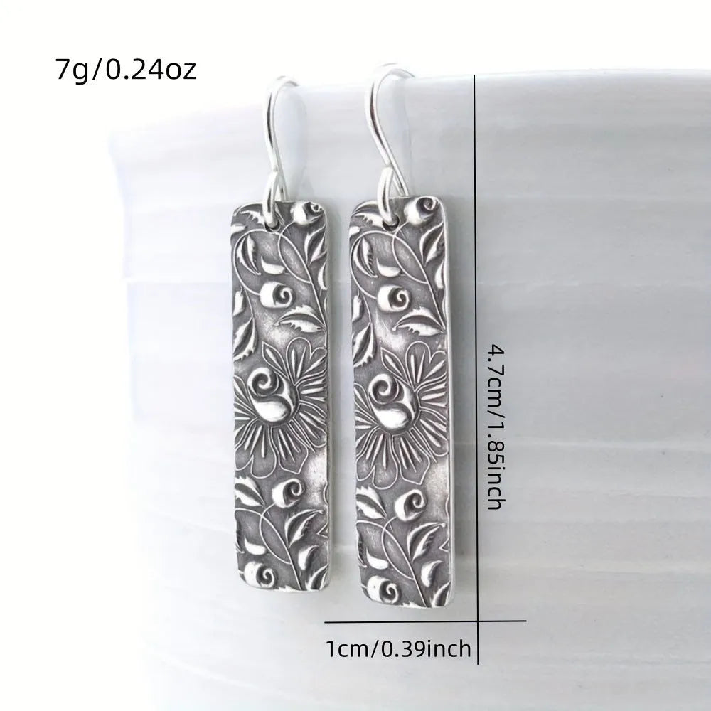 Silver geometric long earrings with carved vine design in retro European style