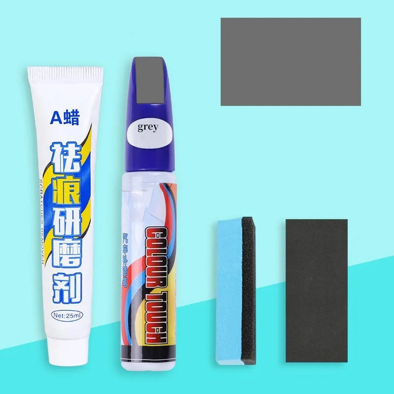 Automotive paint repair pen kit with touch-up paint, wax, sponge and sandpaper for car scratch repair