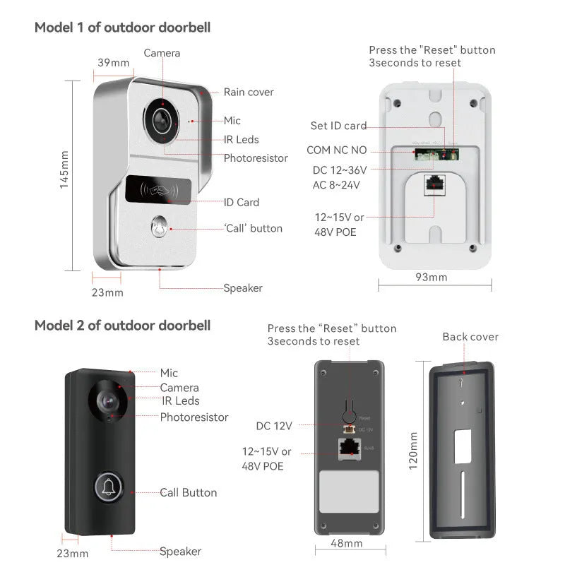 Video intercom doorbell system with outdoor unit and indoor display showing 1080P camera feed
