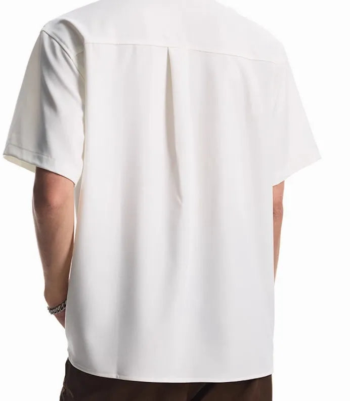 Detachable Padded Shoulder Lapel Short Sleeve Shirt for Men and Women, Loose Fit Minimalist Style, Polyester Blend with Non-Ironing Treatment, Available in Black and White Sizes M to 2XL