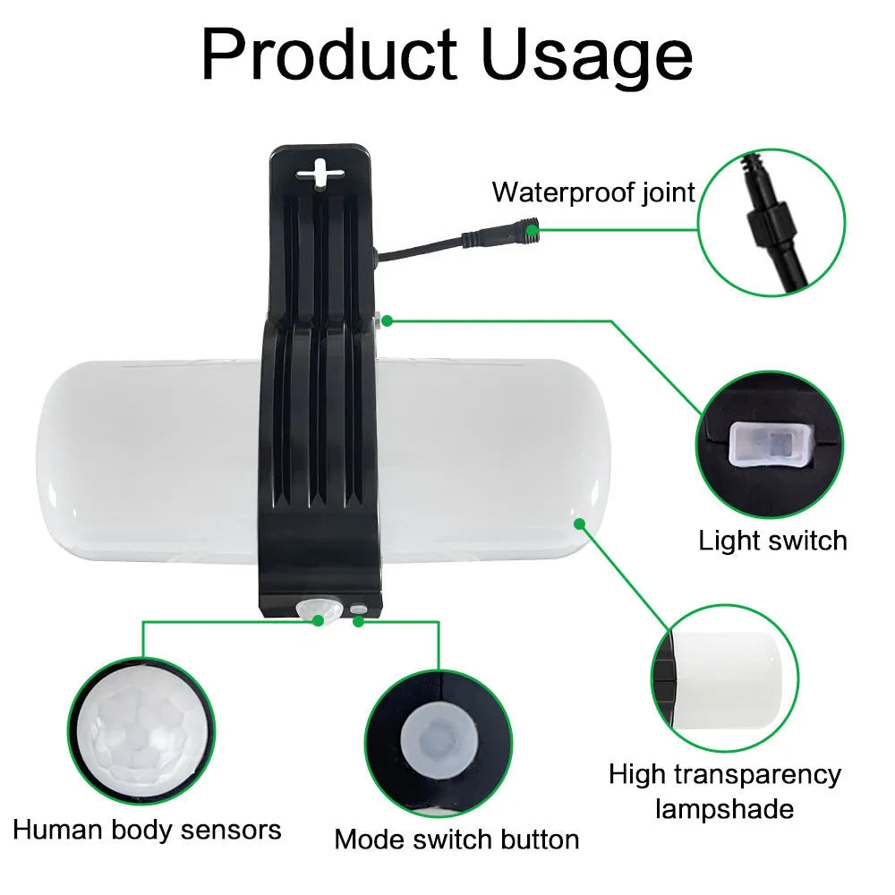 Black outdoor solar floodlight with motion sensor and solar panel on wall bracket