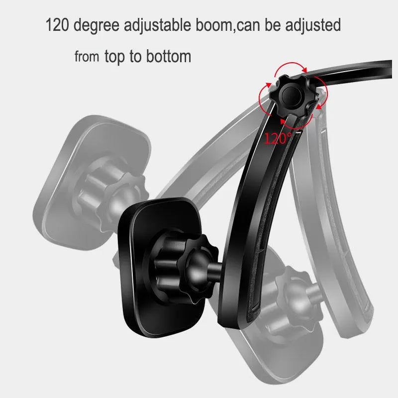 Magnetic car phone holder on dashboard with metal plate, 360° rotating arm, black and silver finish