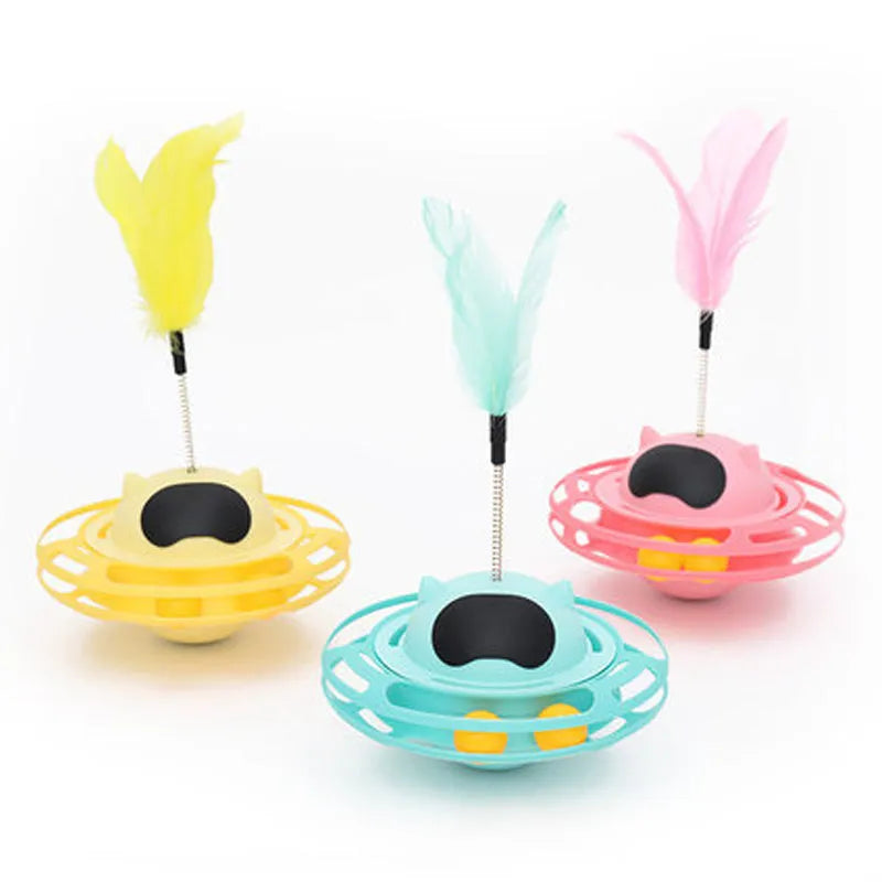 Pink cat toy tumbler turntable with self-spinning stick on 10cm base