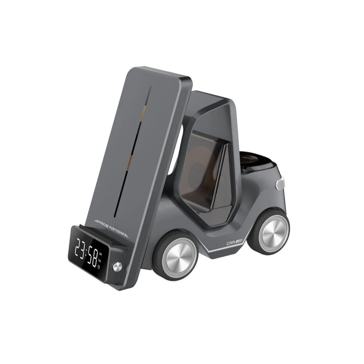 Foldable grey wireless charging stand holding a phone, an Apple Watch, and AirPods case.