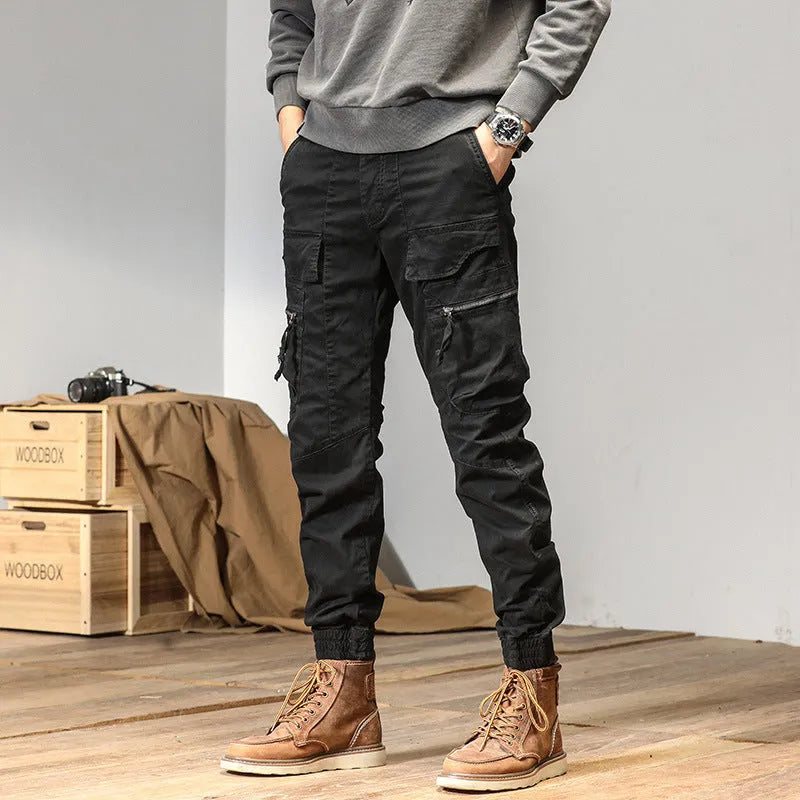 Men's cotton Japanese workwear overalls in army green, straight leg, mid-waist, autumn casual trousers