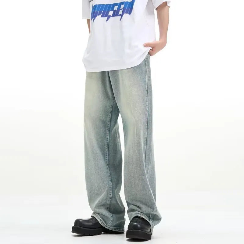 Blue retro loose casual trousers made from rabbit fur fabric with high elasticity