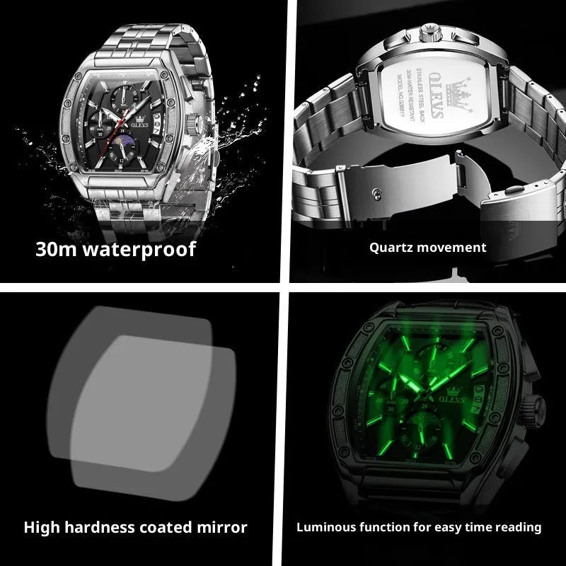 Men's quartz watch with stainless steel strap, luminous dial, moon phase and calendar, 42mm barrel case, blue or black