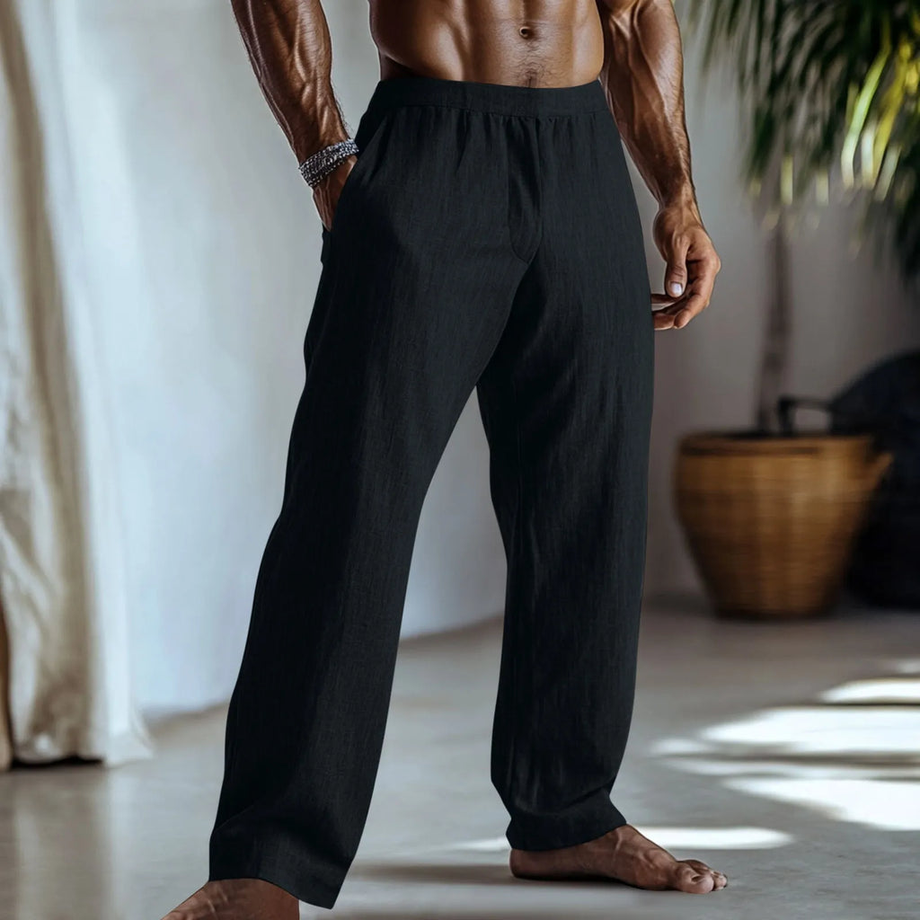 Straight leg casual trousers in a cotton linen blend, shown in one of seven available solid colours.