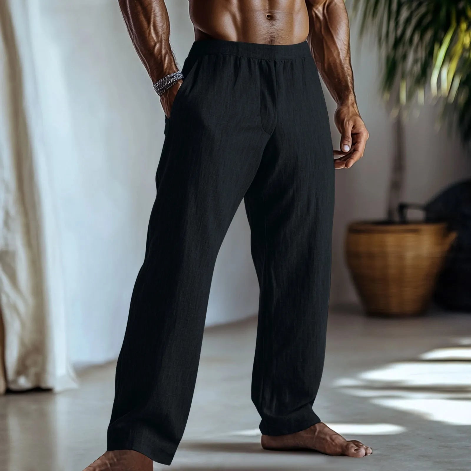 Straight leg casual trousers in a cotton linen blend, shown in one of seven available solid colours.
