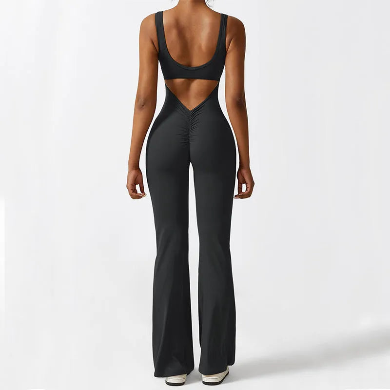 Women's sleeveless flare jumpsuit for yoga and fitness in high-elasticity polyester fabric