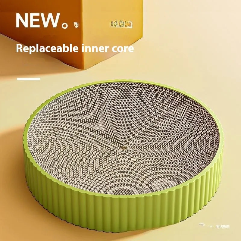 Round green and white cat scratching board with corrugated paper centre and two replacement refills.
