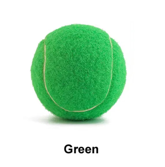 Bright pink, blue, yellow, green, and orange 6.3cm rubber tennis balls for dogs on grass.