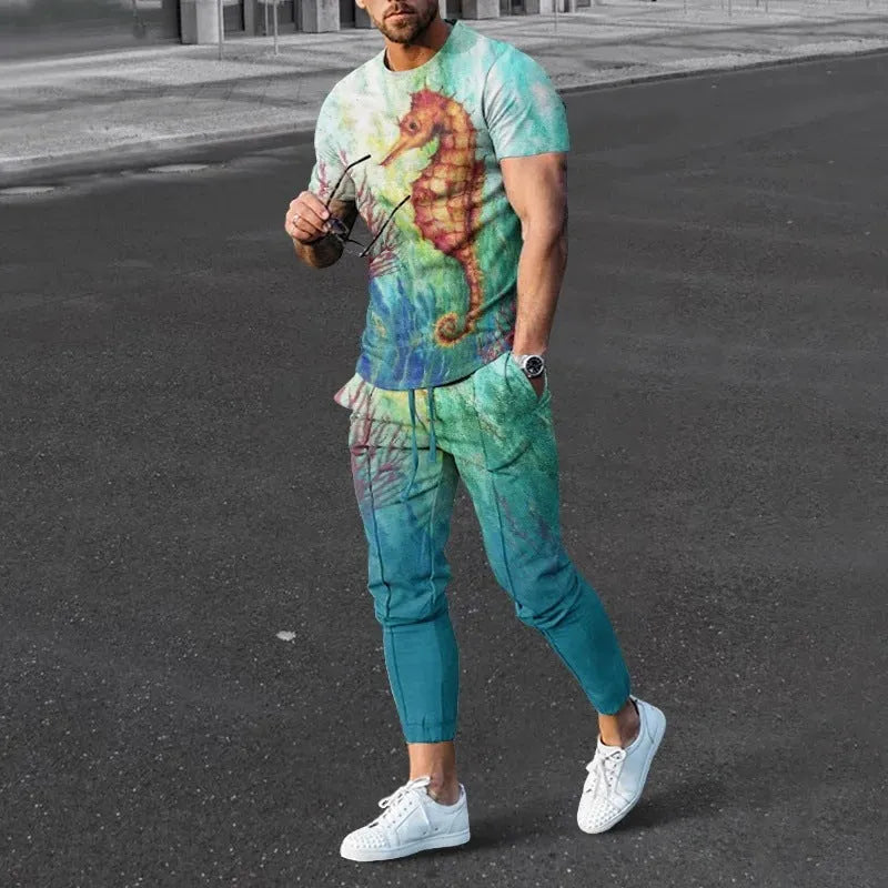 Men's short-sleeved printed pullover and matching trousers set on a hanger