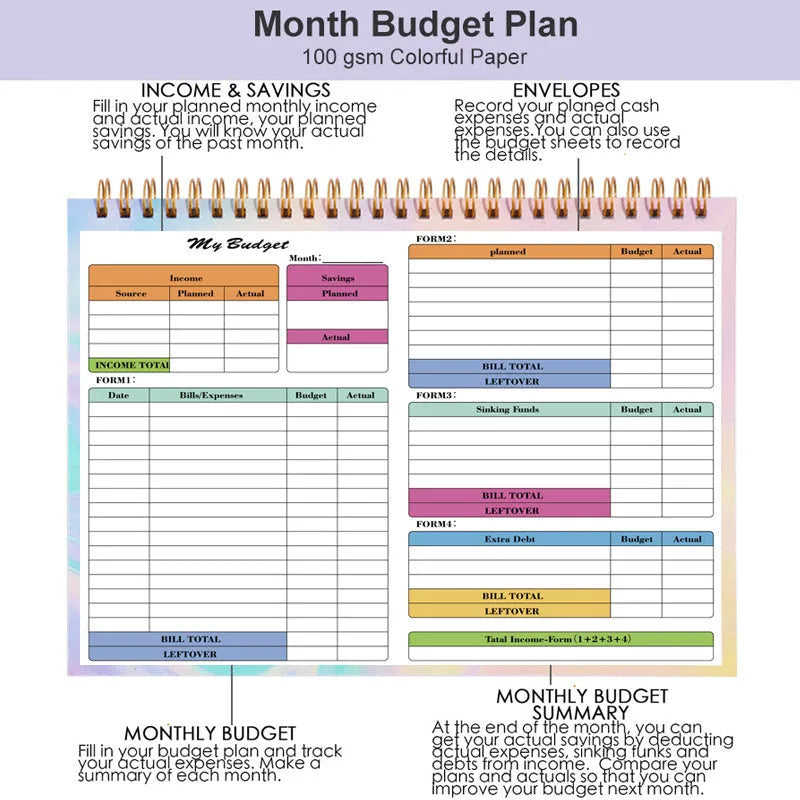 B5 spiral-bound budget tally notebook with a PP cover, open to show numbered pages for income and expenditure tracking.