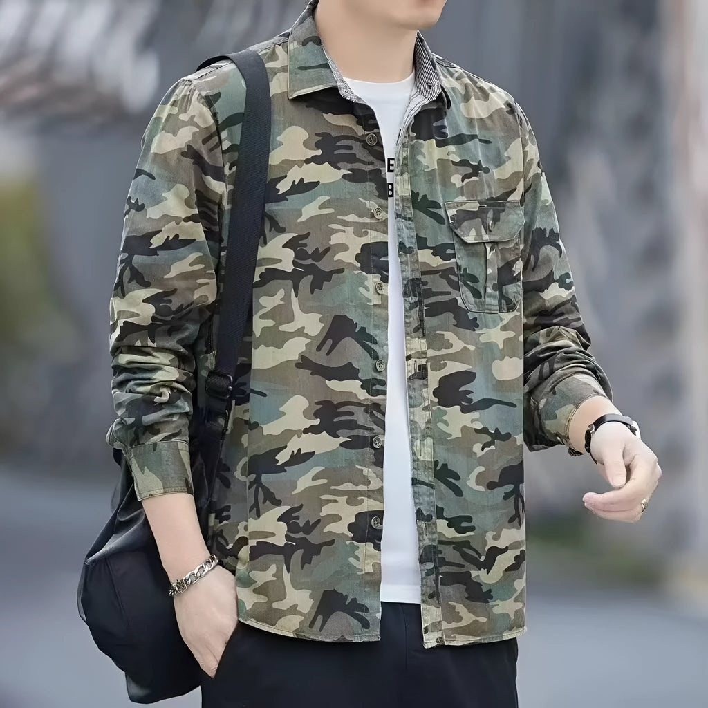 Men's retro loose camouflage jacket, long sleeve cardigan, cotton blend, Green colour