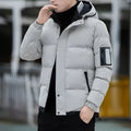 Men's casual padded down jacket with stand-up collar, polyester fill, in black, blue, and khaki colours