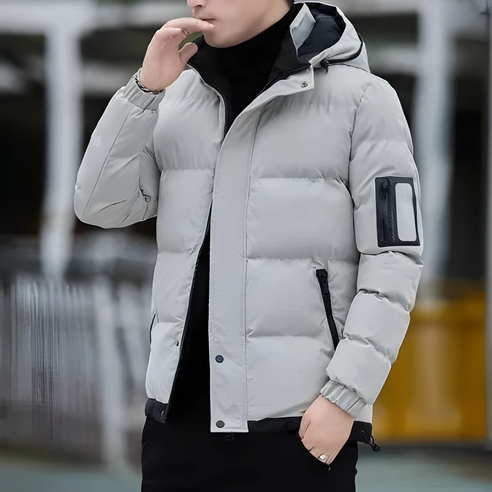 Men's casual padded down jacket with stand-up collar, polyester fill, in black, blue, and khaki colours