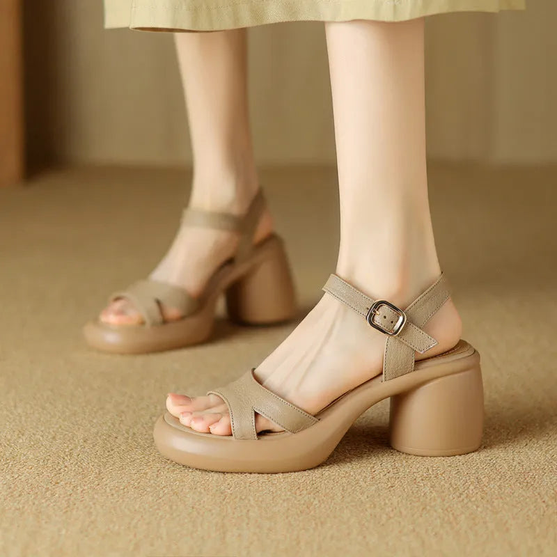 Women's open-toe platform sandals in apricot with a rounded toe holder and a thick rubber sole.