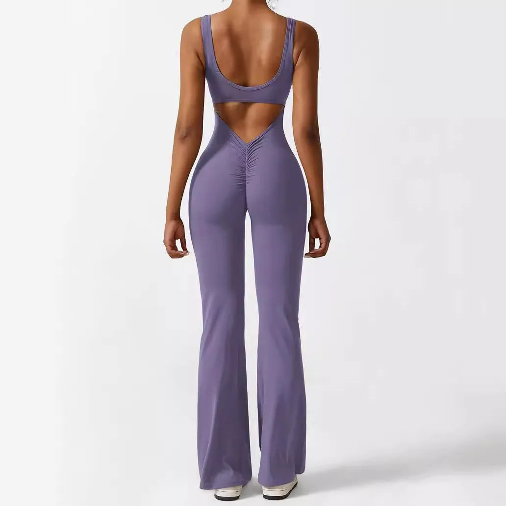 Women's sleeveless flare jumpsuit for yoga and fitness in high-elasticity polyester fabric