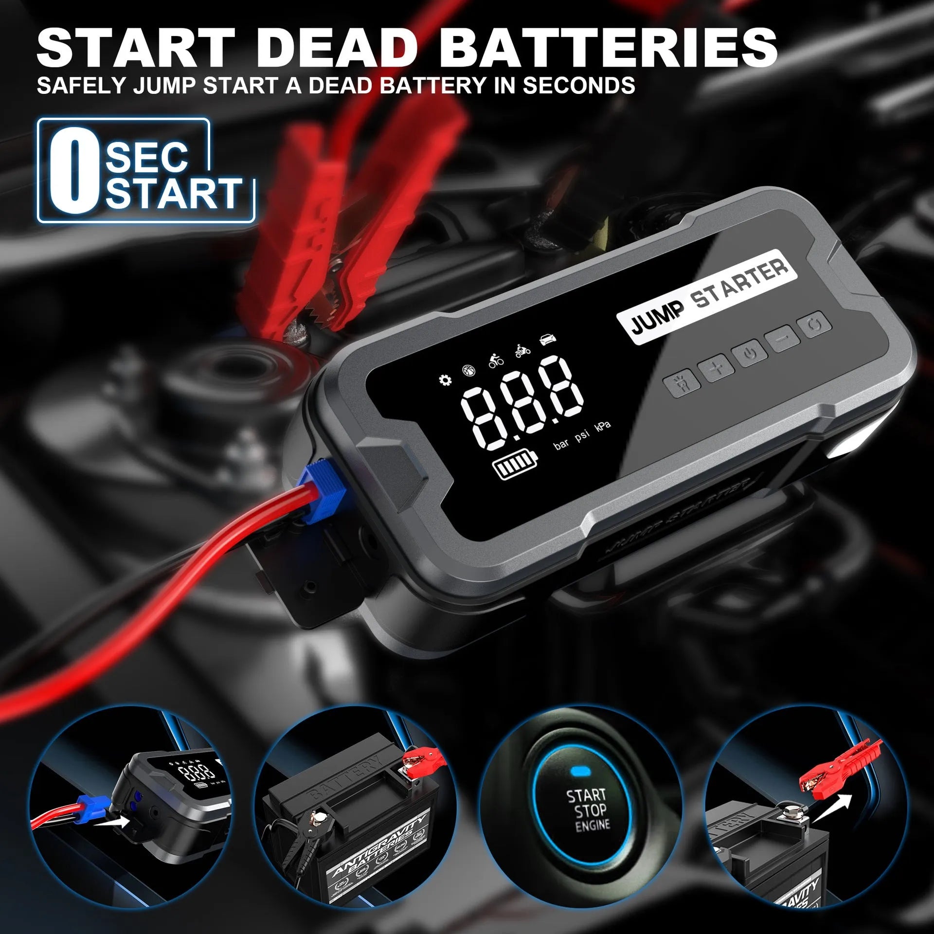 CY53 black portable car jump starter and tyre inflator unit with digital screen display