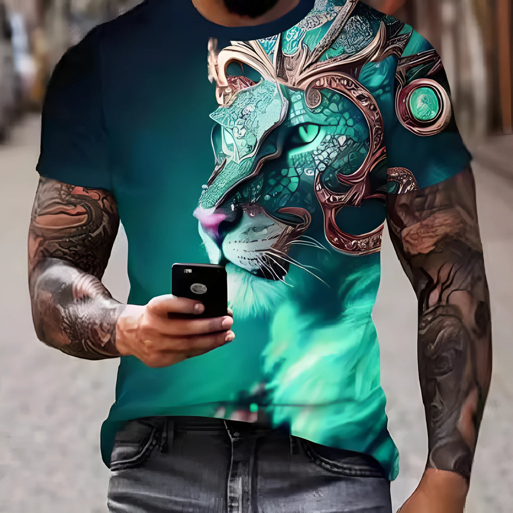 Men's grey t-shirt with a detailed fierce 3D lion graphic print on the front.