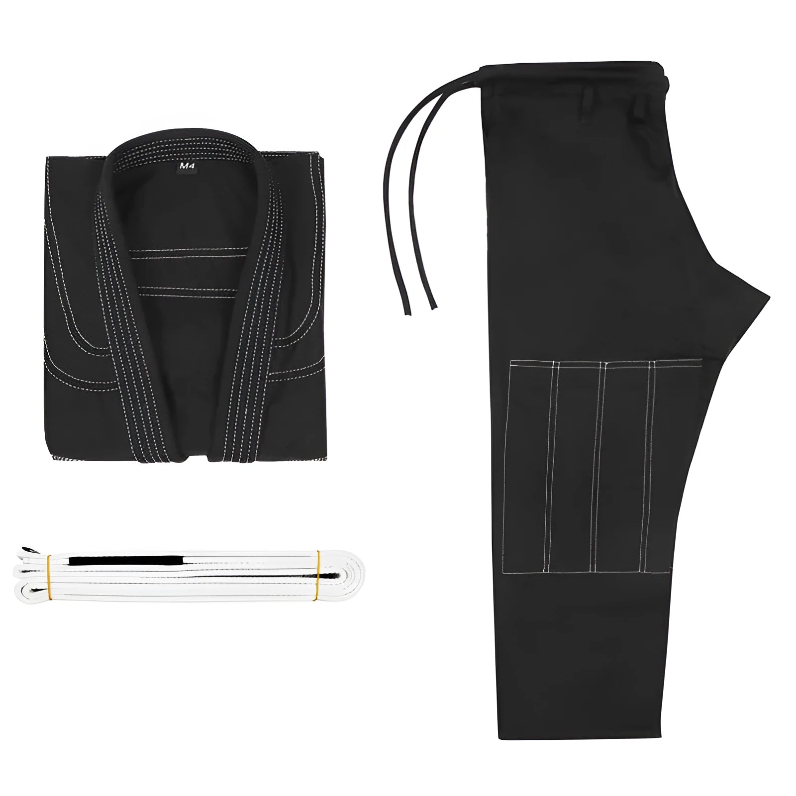 Thin cotton blend Brazilian Jiu-Jitsu uniform in black, showing the top and trousers for adult training.