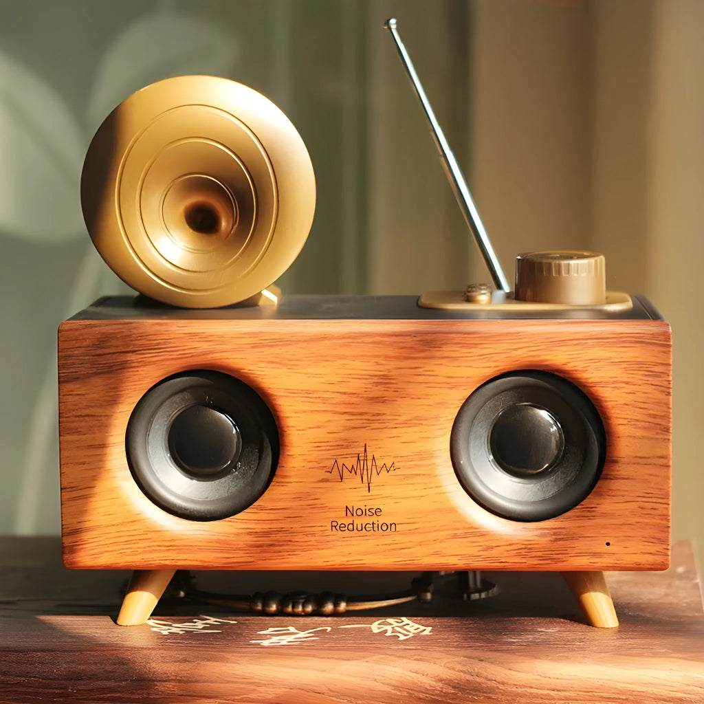 B6 wireless Bluetooth speaker with imitation wood cabinet in dark brown colour, showing front speaker grille and control panel