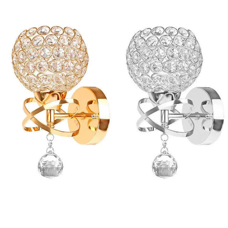 Crystal wall lamp with gold finish and crystal pendant for bedside or corridor use, 220V E27 holder