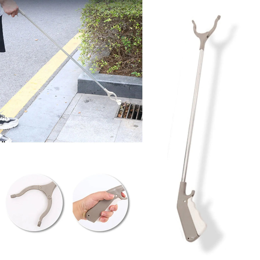 Stainless steel lengthened garbage plier with plastic hand grips and open jaws.