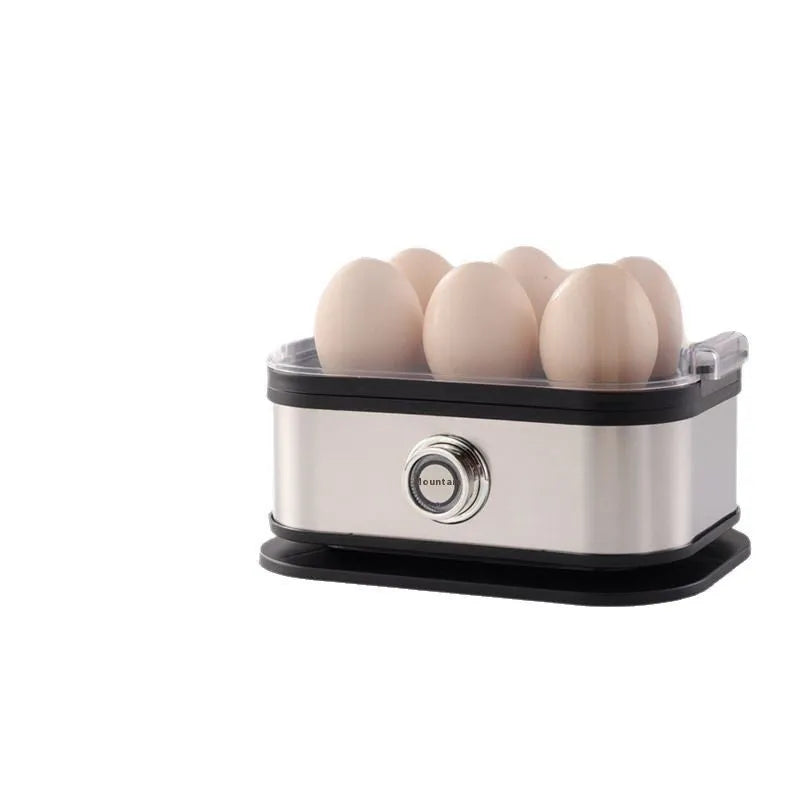 Black portable stainless steel egg boiler with a carrying belt for travel use.