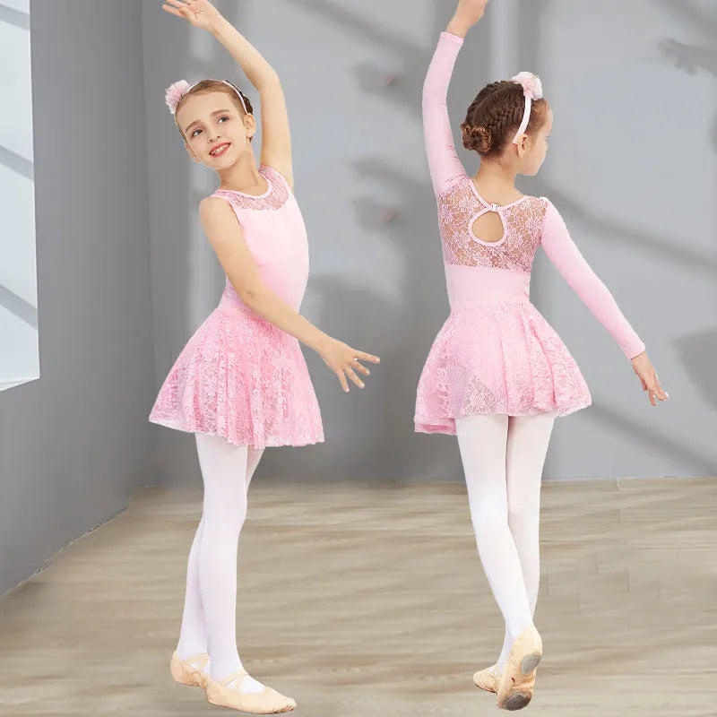 Girls short-sleeve ballet practice dress in Lycra cotton with lace trim available in black pink wine red