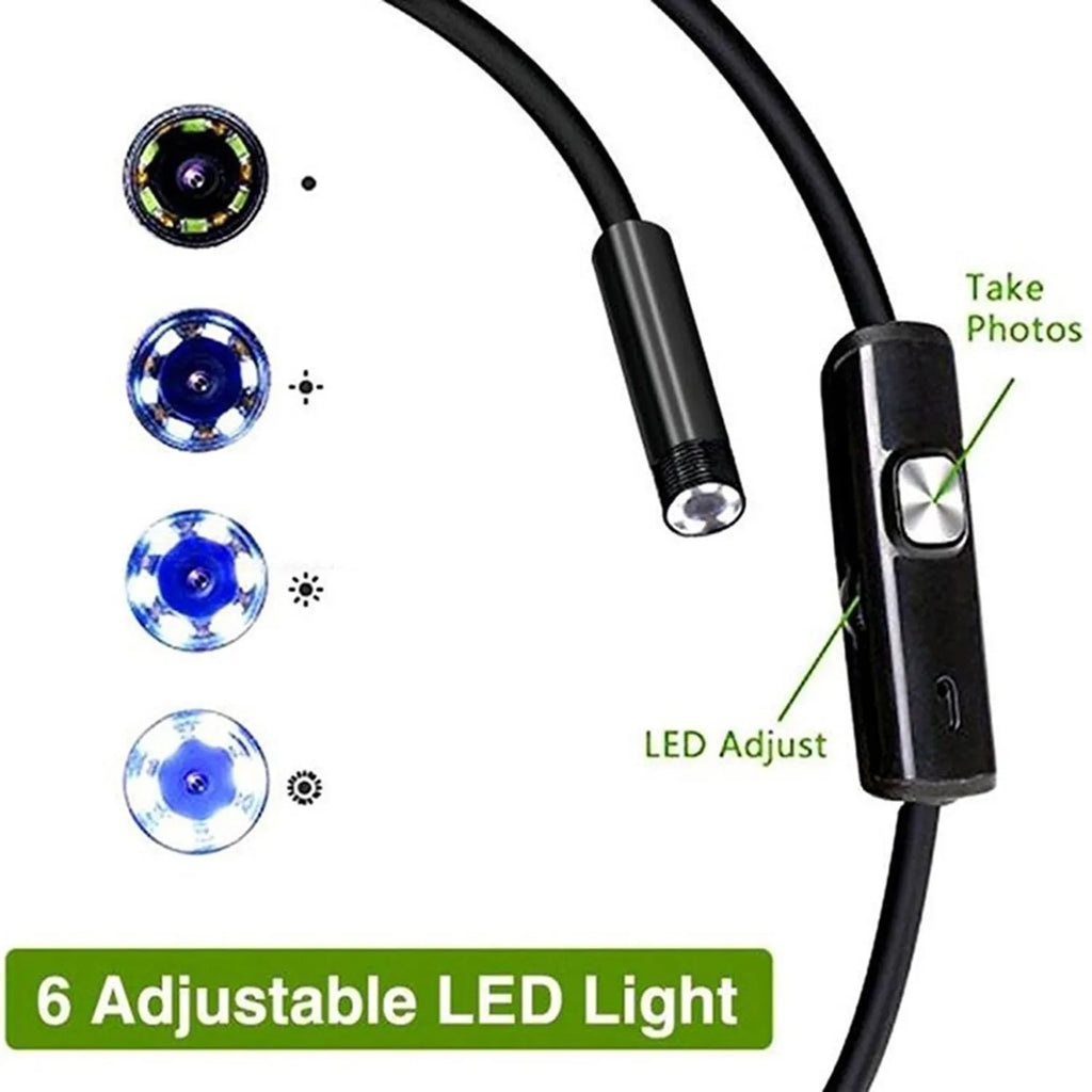 USB-C endoscope with waterproof camera, flexible black cable, and separate hook, magnet, and side mirror attachments on a table.