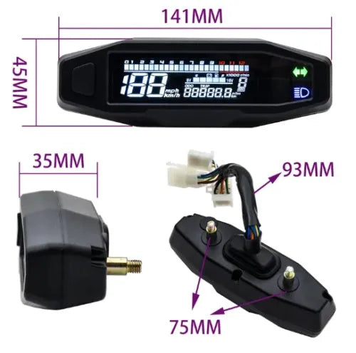 Black motorcycle mini LCD speedometer and oil gauge with white backlight display.