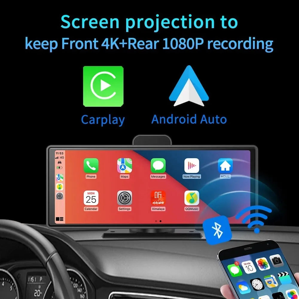 12-inch touch screen car DVR on dashboard showing split-screen view of front and rear camera footage