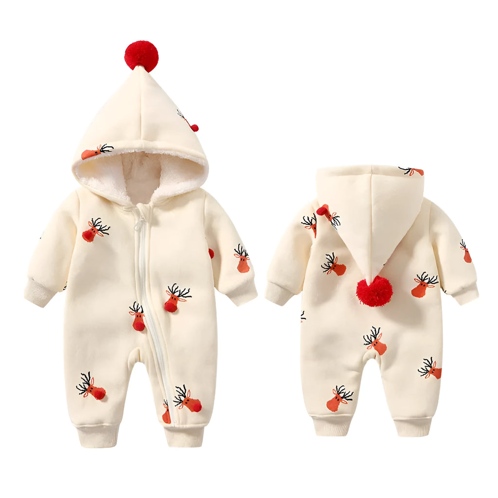 Khaki baby crawling suit with Christmas moose pattern showing padded one-piece construction
