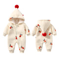 Khaki baby crawling suit with Christmas moose pattern showing padded one-piece construction