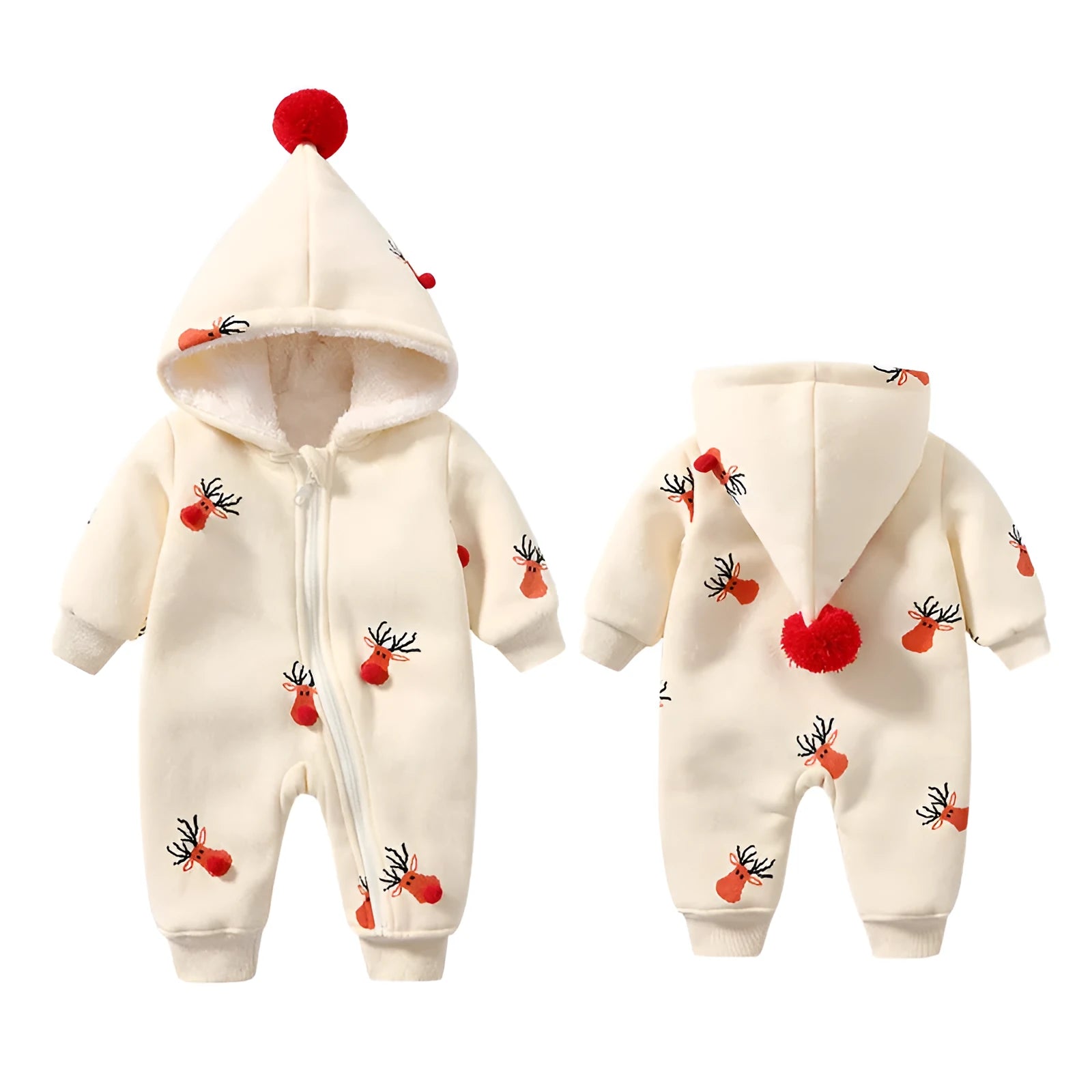 Khaki baby crawling suit with Christmas moose pattern showing padded one-piece construction